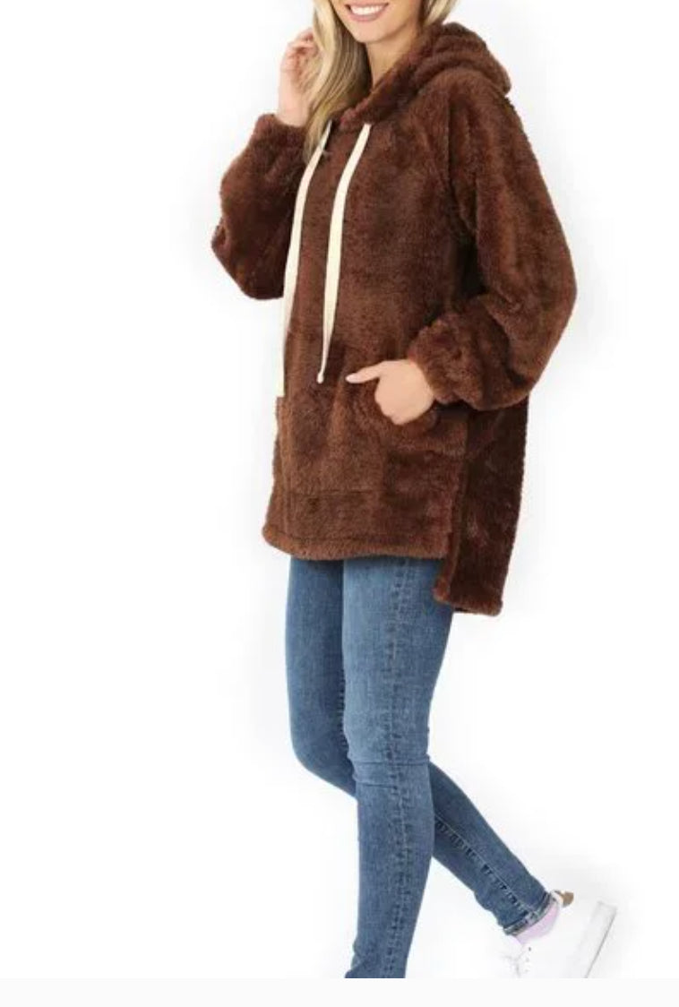 Faux Fur Long Pullover Hoodie - Brown
