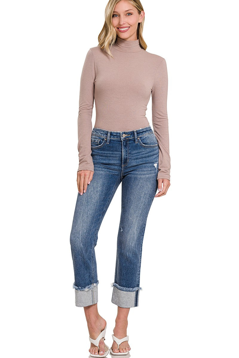 Mid Rise Raw Edge Cuffed Jeans