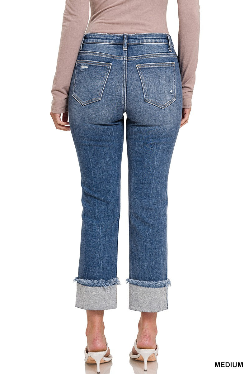 Mid Rise Raw Edge Cuffed Jeans