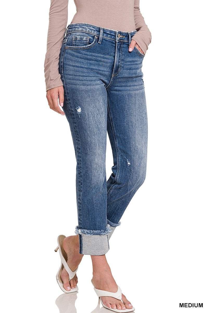 Mid Rise Raw Edge Cuffed Jeans