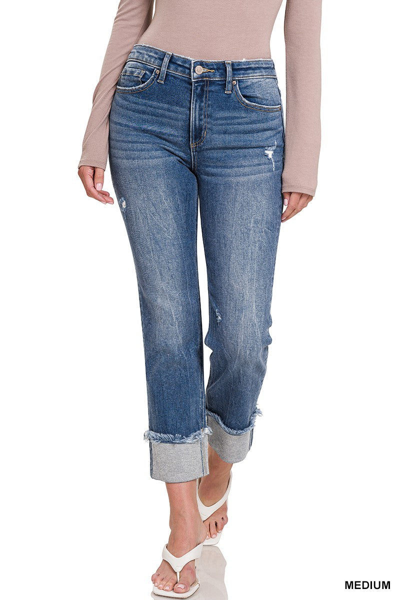 Mid Rise Raw Edge Cuffed Jeans