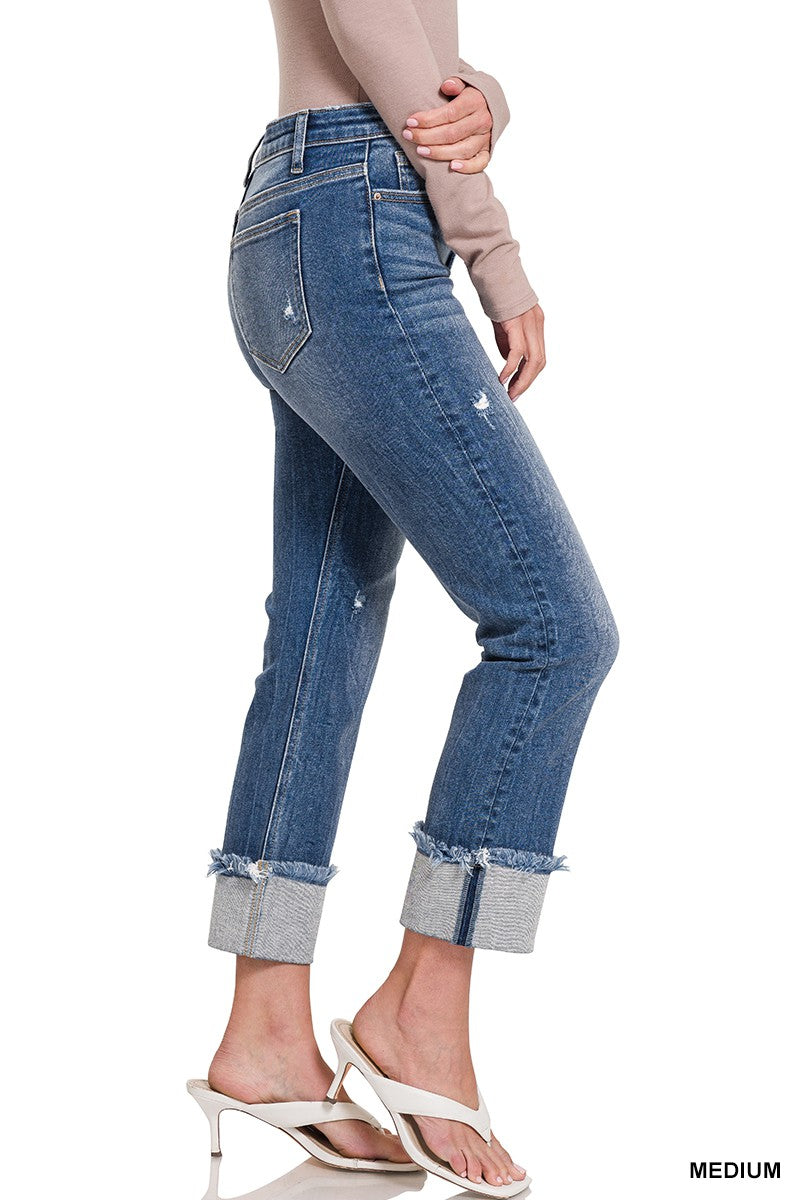 Mid Rise Raw Edge Cuffed Jeans