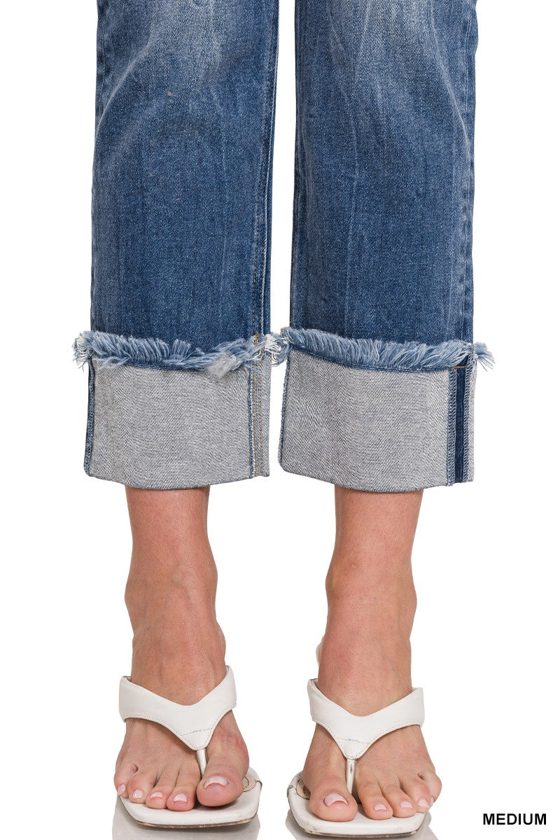 Mid Rise Raw Edge Cuffed Jeans