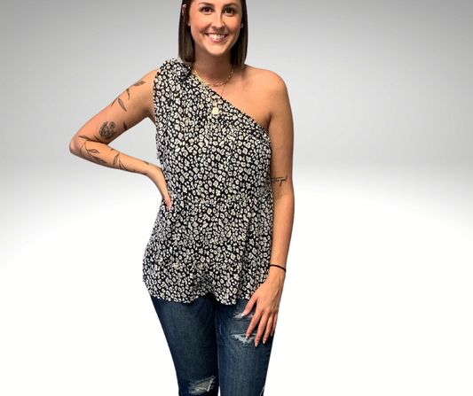 Leopard Print One Shoulder Tiered Blouse