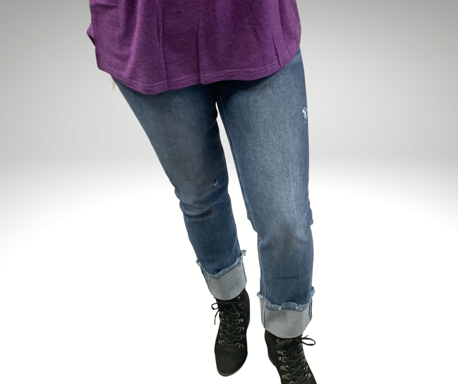 Mid Rise Raw Edge Cuffed Jeans