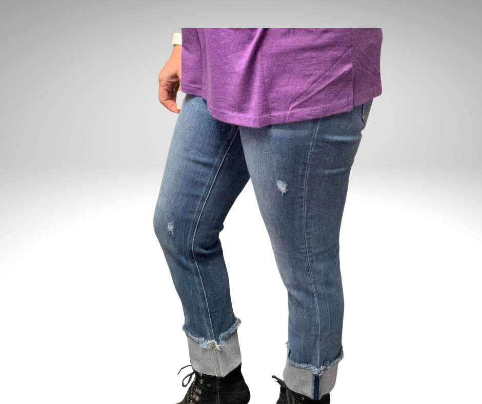 Mid Rise Raw Edge Cuffed Jeans