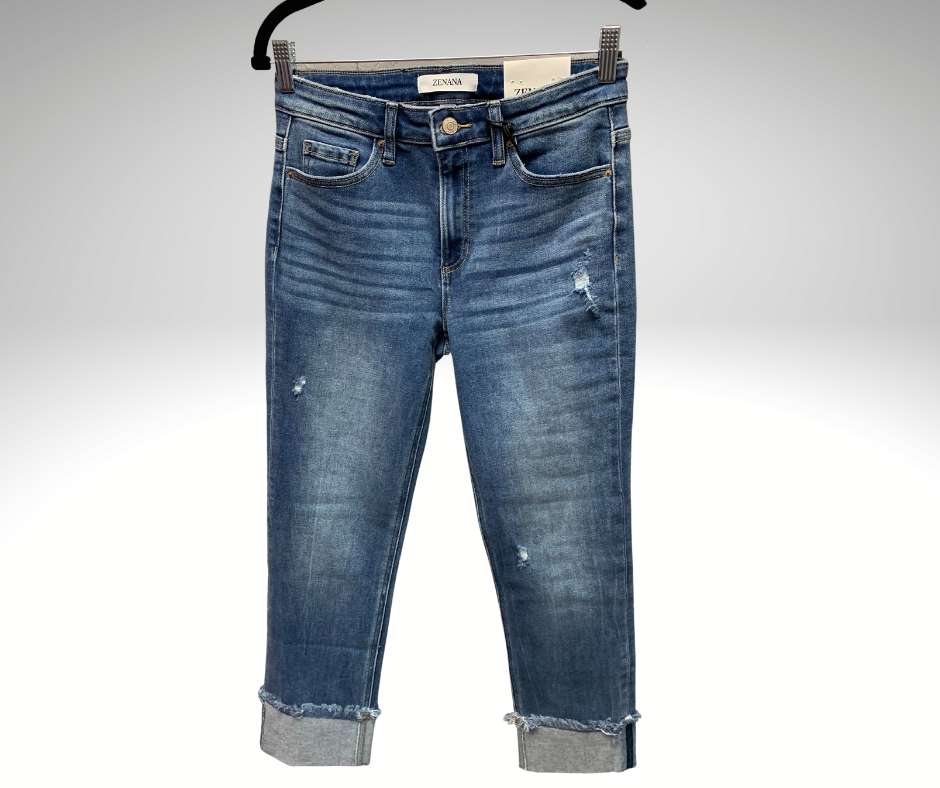 Mid Rise Raw Edge Cuffed Jeans