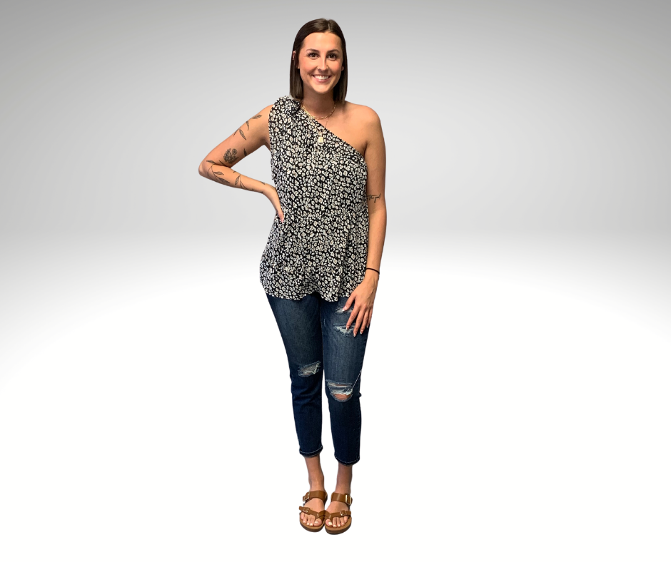 Leopard Print One Shoulder Tiered Blouse