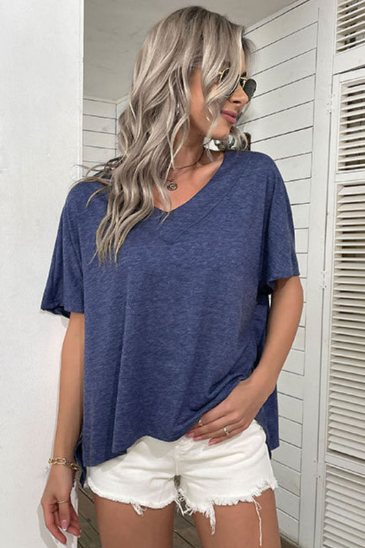 High-Low Side Slit V-Neck Tee Shirt