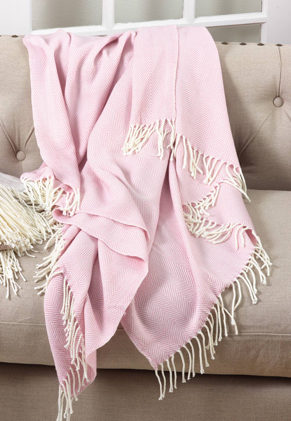 Pink Herringbone Fringed 50x60 Inch Throw Blanket